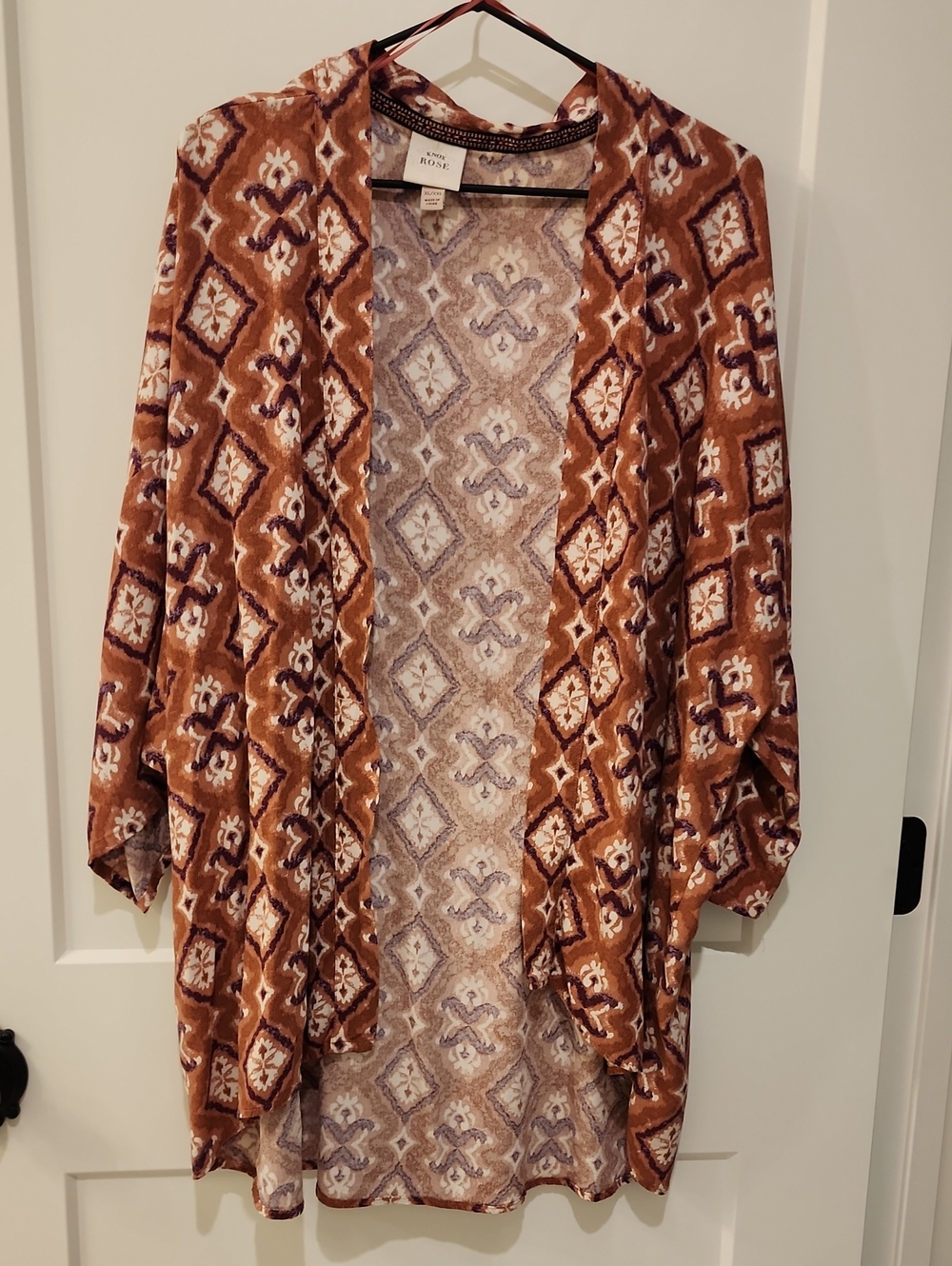 Terra Cotts With Puroke And Cream Print Patterned Open Front Cardigan